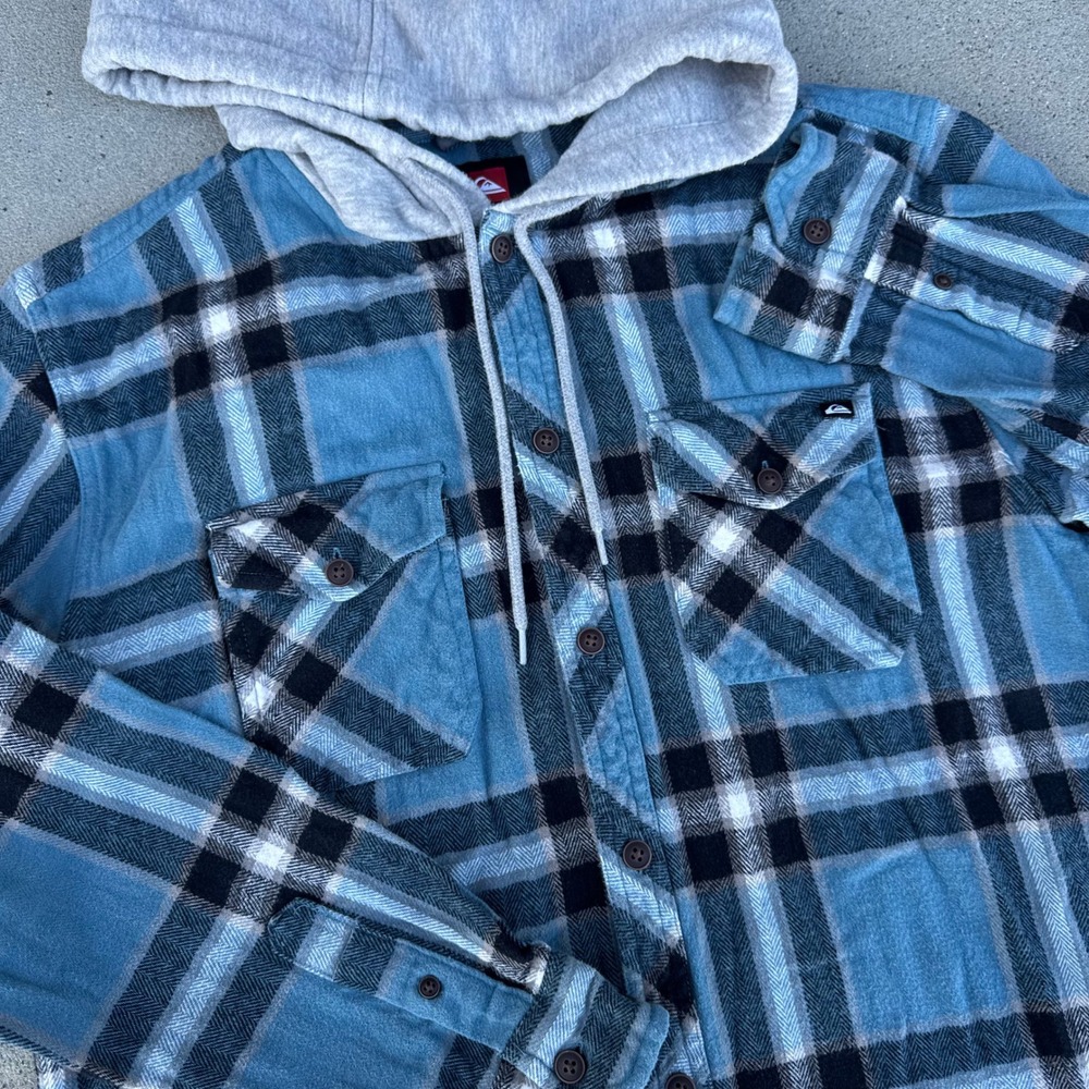 Quiksilver Men Blue Plaid Hooded Flannel Button Down Size Medium